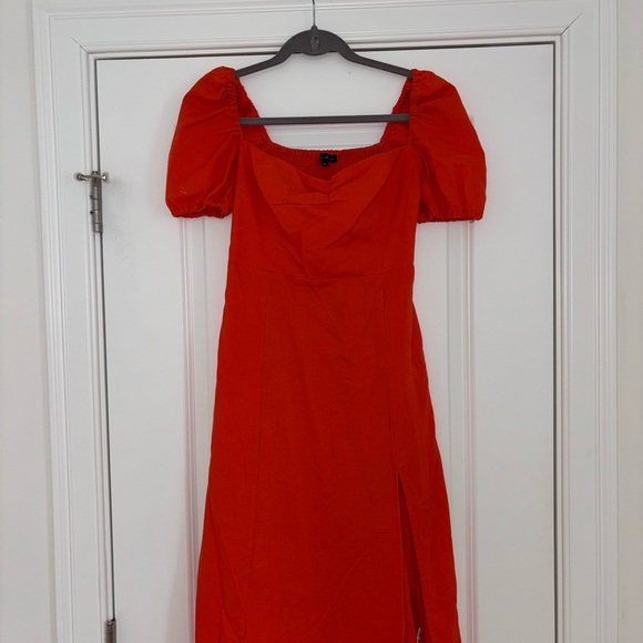 Red Orange Puff Sleeve Midi Dress - Picture 7 of 10